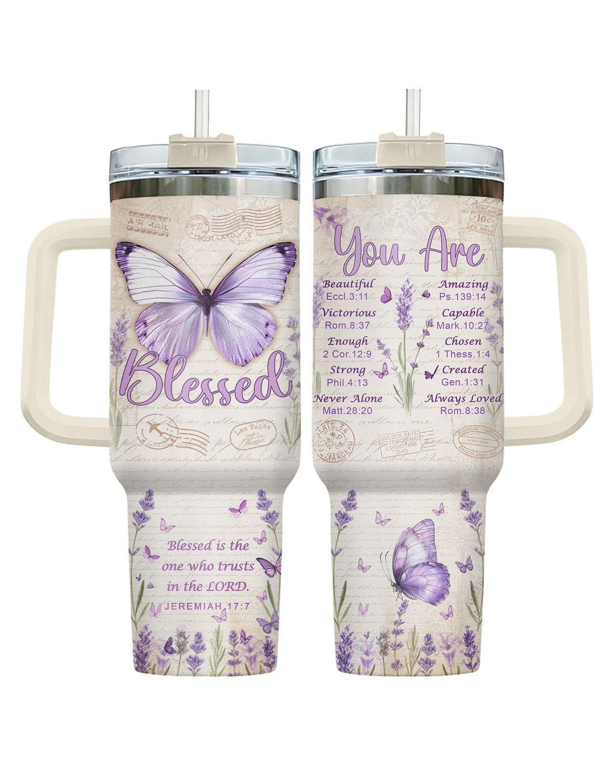 Purple Butterfly Chritian Bible 40 oz Tumbler with Handle