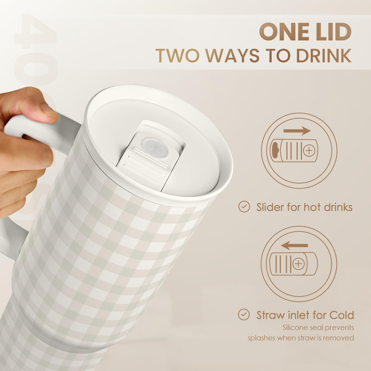 Grey Gingham 40oz Slider Tumbler with Handle and Straw