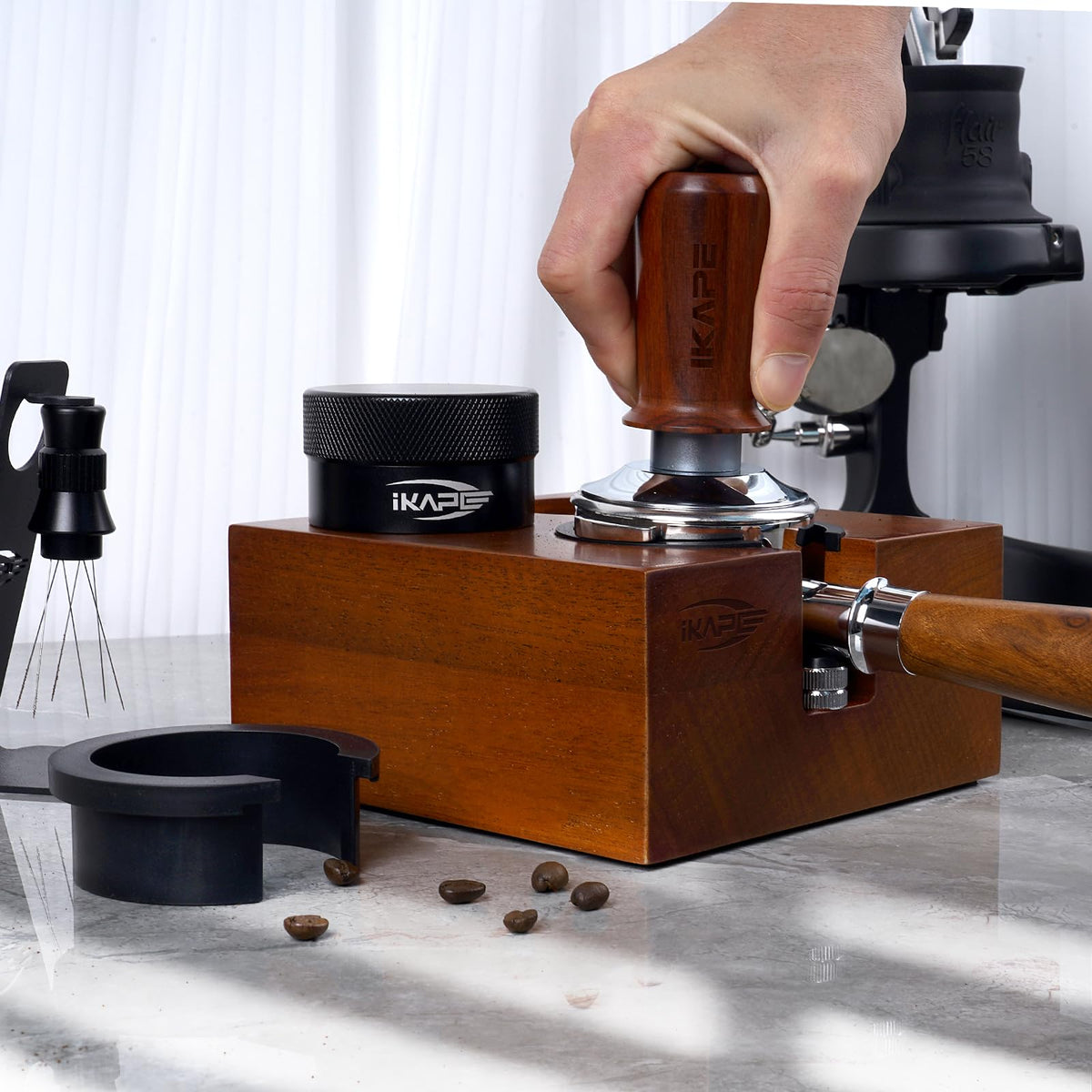 51/53/54mm Espresso Tamper Station, Wooden Coffee Tamper Holder Base, Espresso Tamp Mat Stand Fit for 51, 53, 54 mm Espresso Accessories - Can be Adjustable Portafilters Stand Height