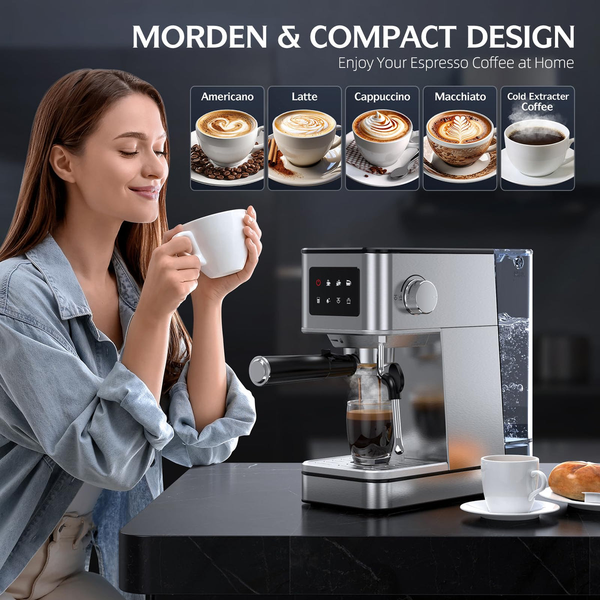 20 Bar Pump Espresso Machine with LED Touchscreen & Steam Wand