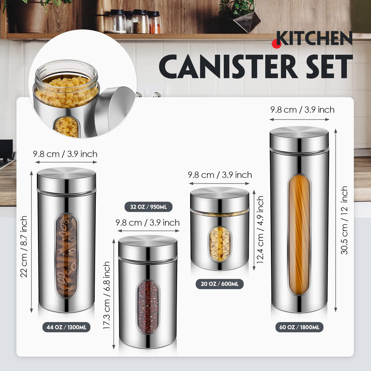 8 Pcs Kitchen Canister Set Stainless Steel Nested Canister Storage Set with Glass Window Airtight Lid Coffee Sugar Tea Storage Jars for Flour Pasta Cookies Spices Grains