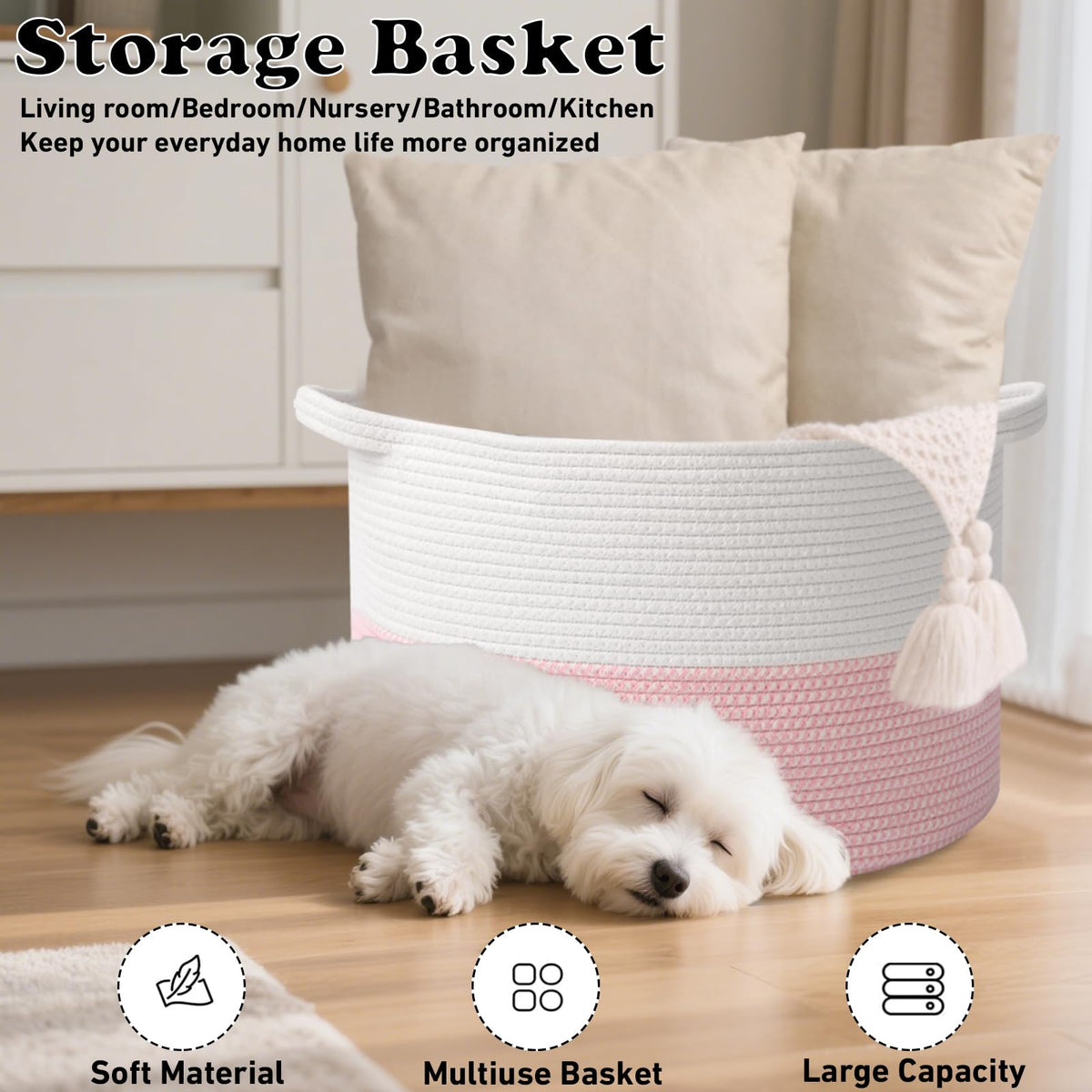 90L Extra Large Pink Woven Cotton Rope Basket with Handles