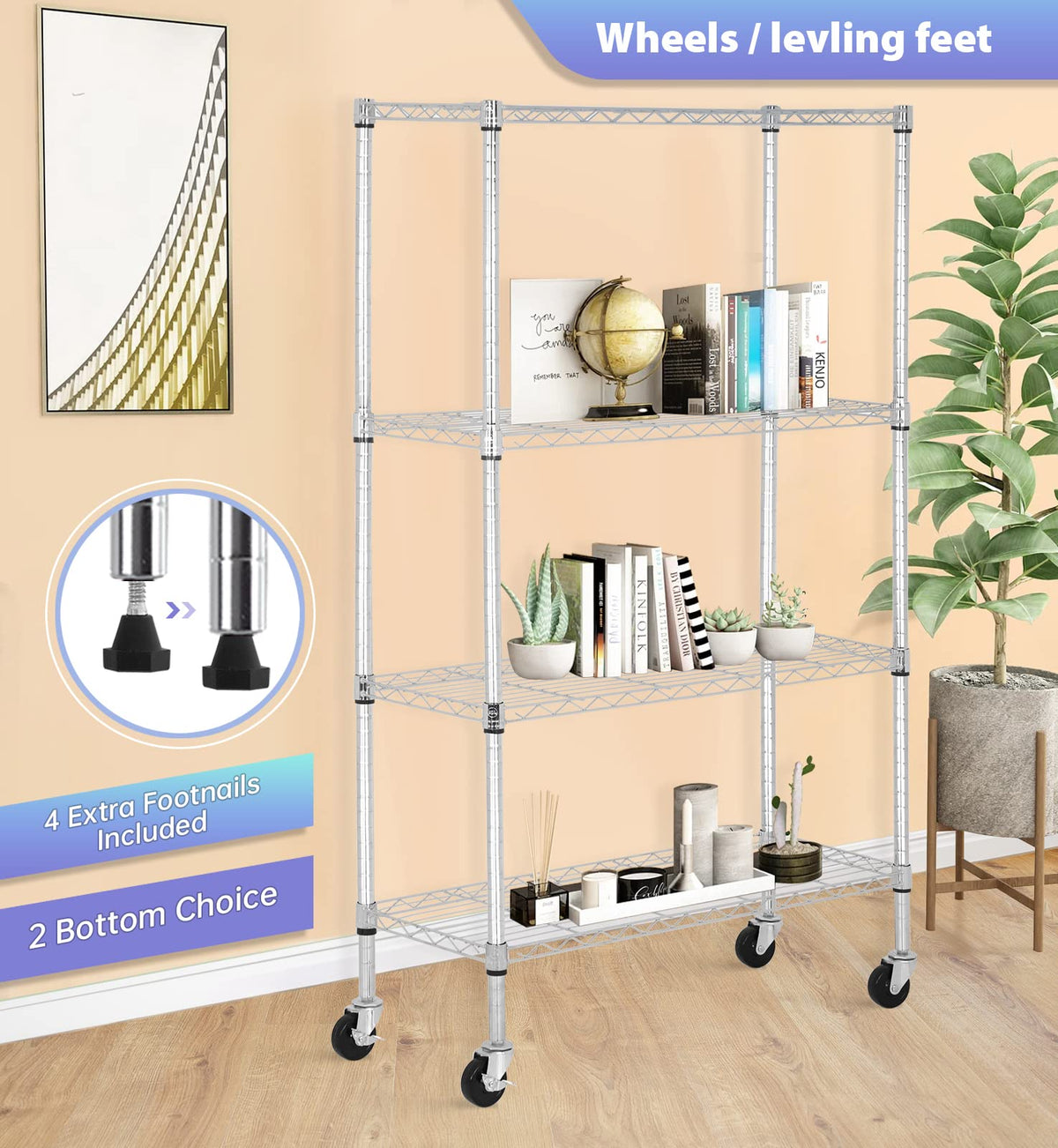 4 Tier Wire Shelving Storage Shelves Adjustable NSF Wire Shelf Heavy Duty Storage Shelving Unit on 3” Wheel Casters Commercial Metal Wire Rack 36L x 14W x 62H (4 Count)