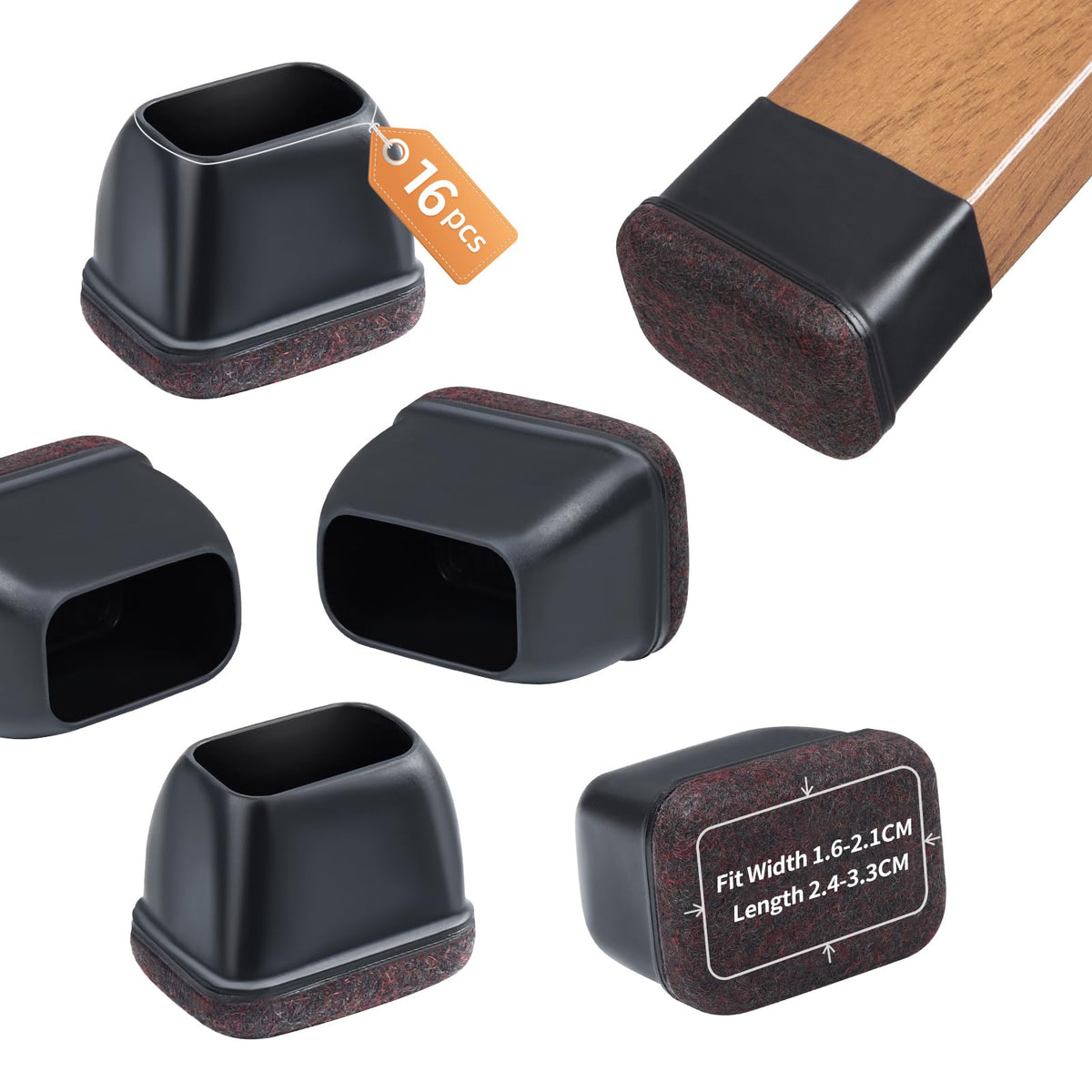 16 Pcs Rectangle Black Felt Chair Leg Floor Protectors for Hardwood Floors (16 Count)