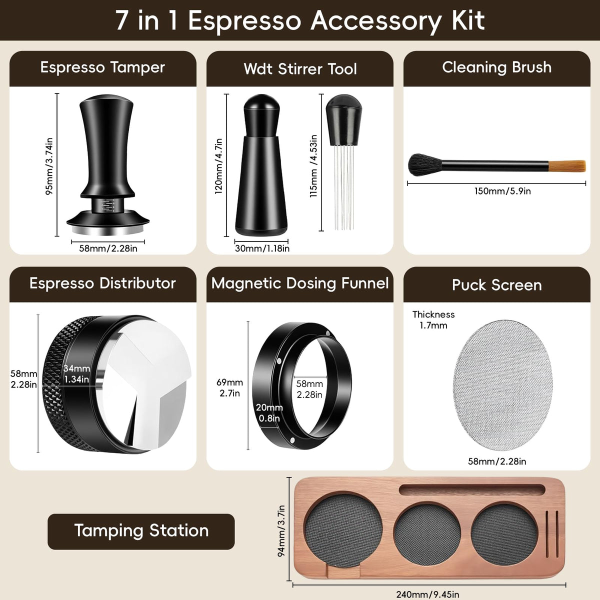 7 Pcs 58mm Espresso Tamper Tools Accessories Kit for Coffee WDT Tool Set