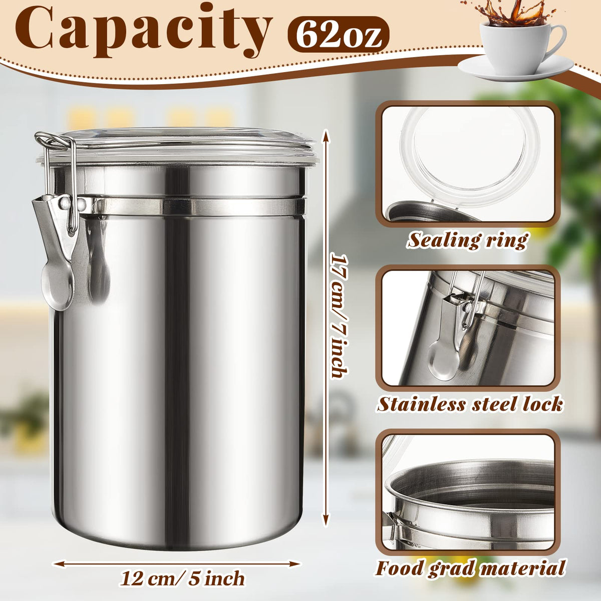 9 Pcs Stainless Steel Kitchen Canister 62 fl oz with Airtight Clear Clamp Lid (9 Count)