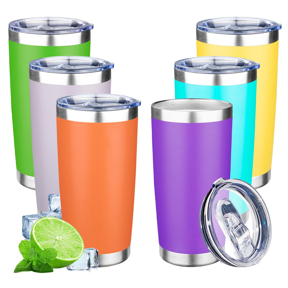 20oz Tumbler with Lid Double Wall Vacuum Insulated Travel Coffee Mug Stainless Steel Thermal Cup Powder Coated Sturdy Coffee Tumbler Bulk for Hot and Cold Beverages (6 Count)
