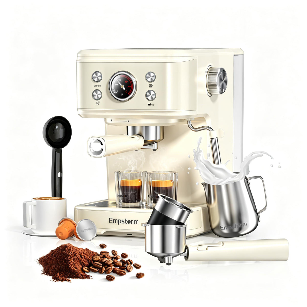 04E 20 Bar Espresso Machine with Milk Frother Steam 1100W Cream white