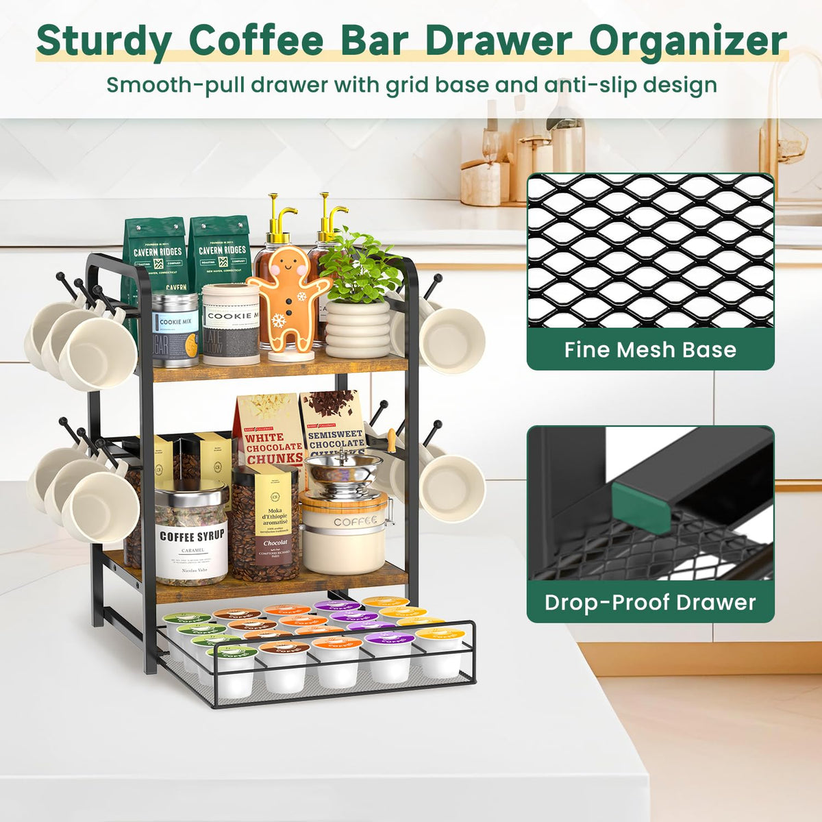 Coffee Bar Organizer Station Shelf Mug Holder for Countertop