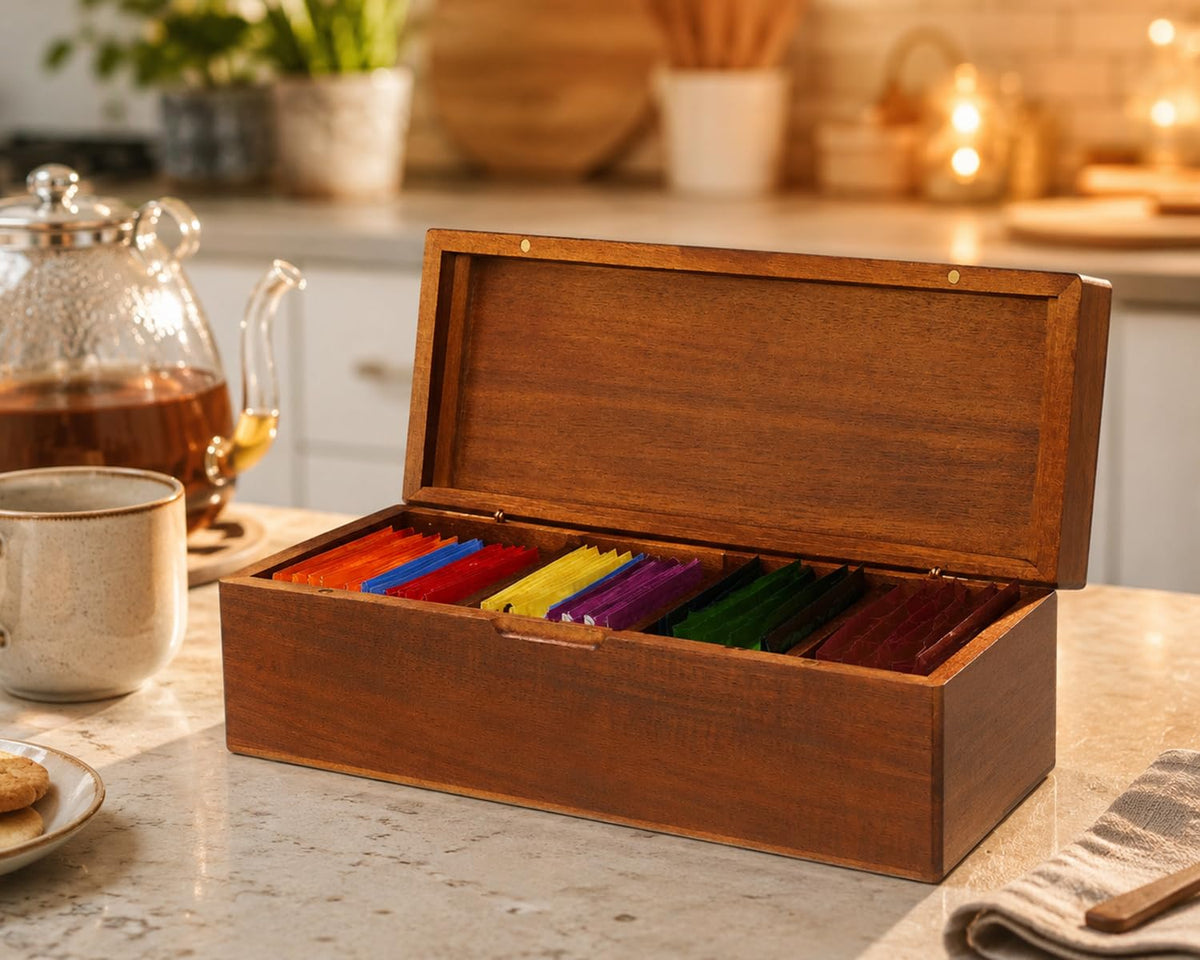 Wooden Tea Bag Organizer Box with 4 Compartments