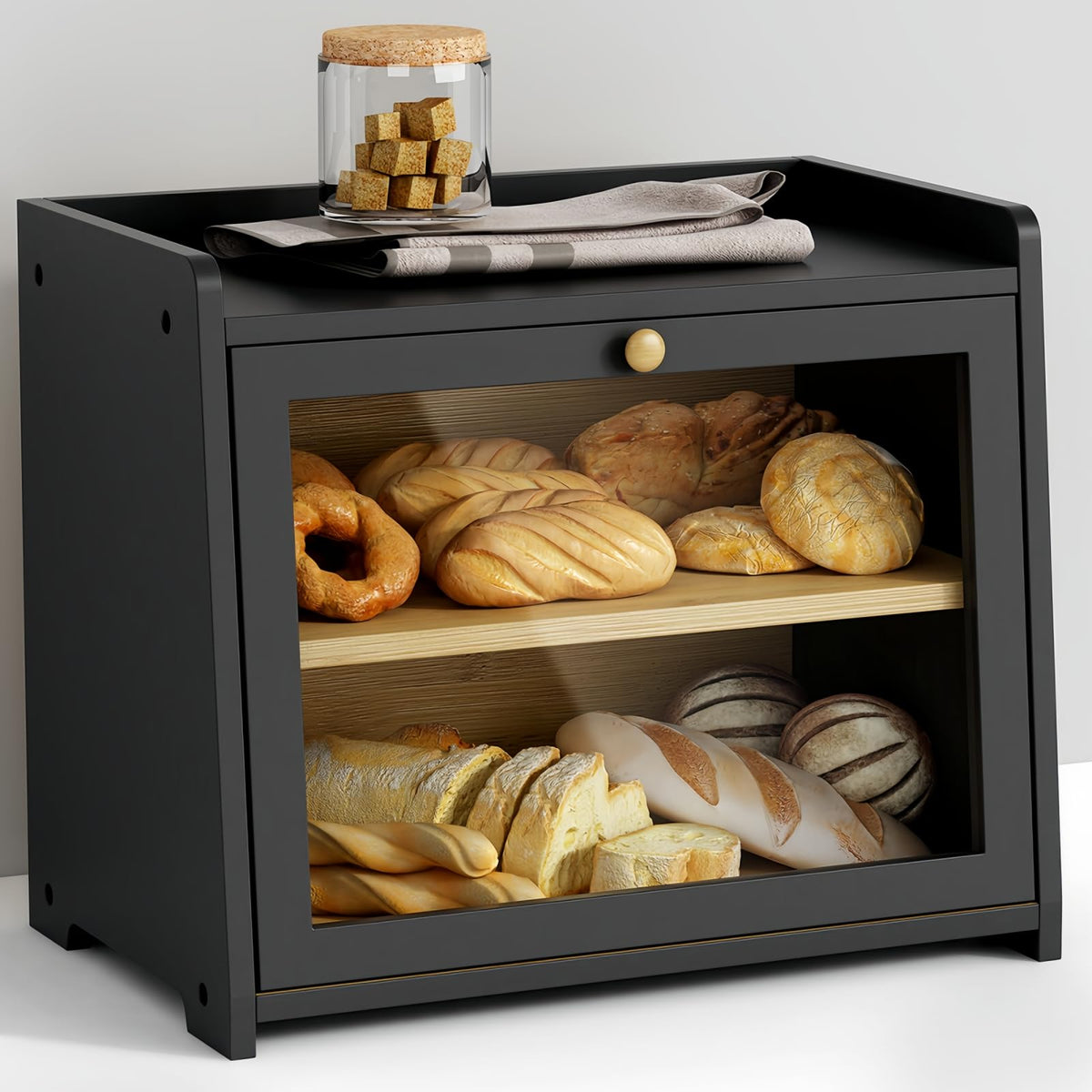 2 Tier Bread Box for Kitchen Countertop Black