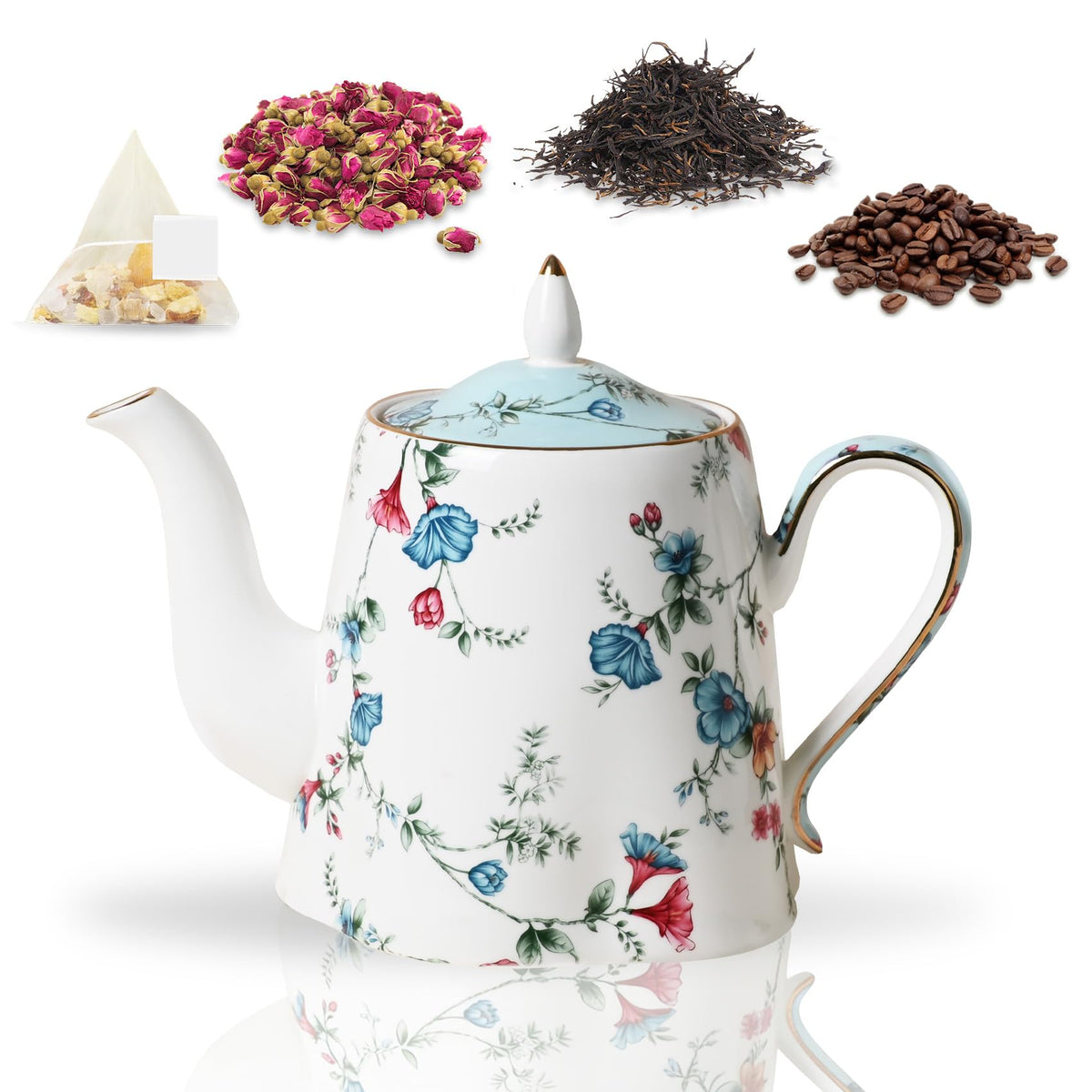 Teapot Set Vintage Floral Bone China Teapot with 24K Gold