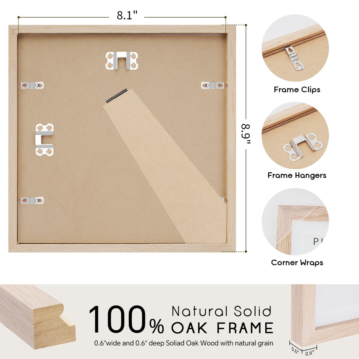 8x8 Solid Oak Wood Picture Frames (3 Count)