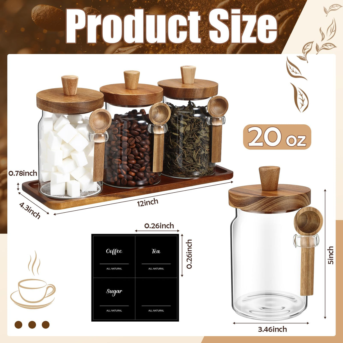 3 Pcs Glass Coffee Container with Wooden Lid Spoon Shelf Labels Clear Airtight Jar Food Storage Canister Set for Sugar Spice Coffee Bean Holder Housewarming Gift (3 Count)