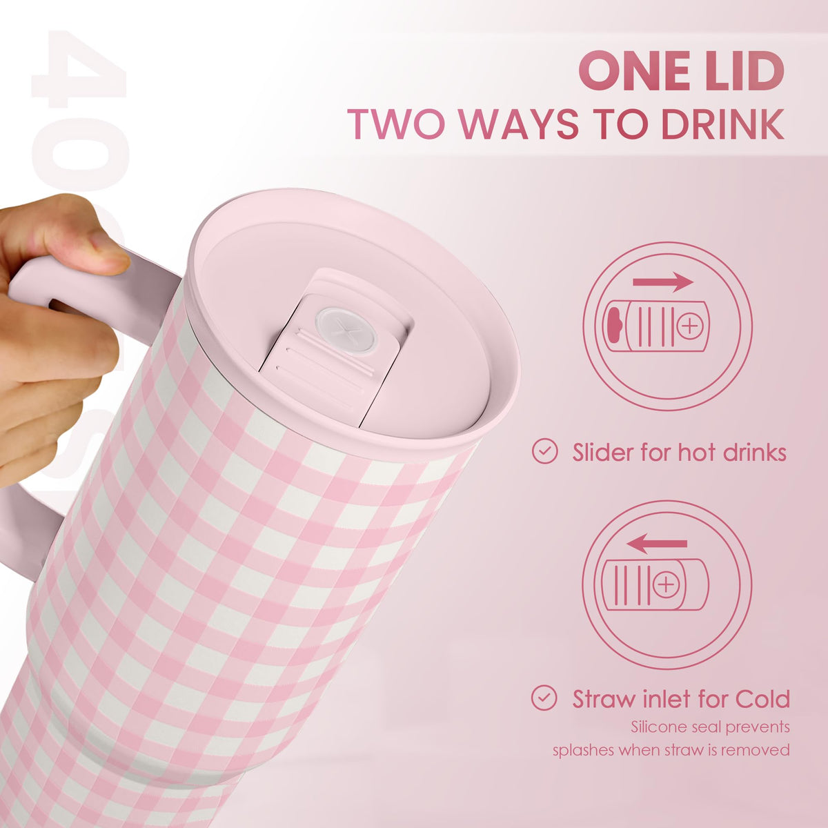 Pink Gingham 40oz Slider Tumbler with Handle and Straw