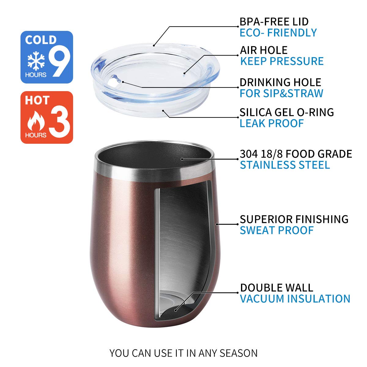 12oz Wine Tumbler with Lid Stemless Wine Glasses Double Wall Vacuum Travel Mugs stainless steel Coffee Cup for Cold & Hot Drinks Wine Coffee Cocktails Beer 12 Pack Rose Gold (12 Count)