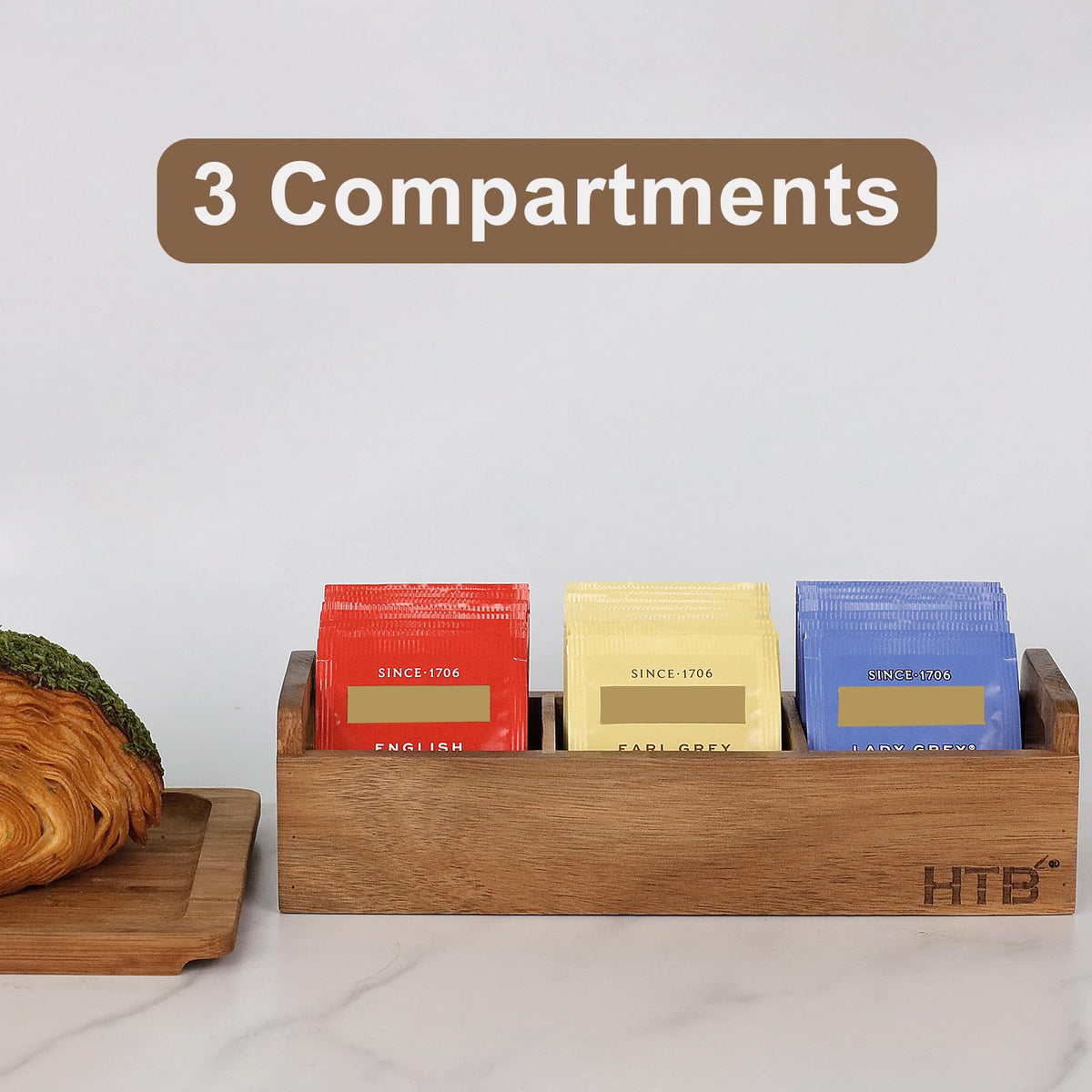 Acacia Wood Small Tea Bag Box with 3 Compartments for Counter Drawer