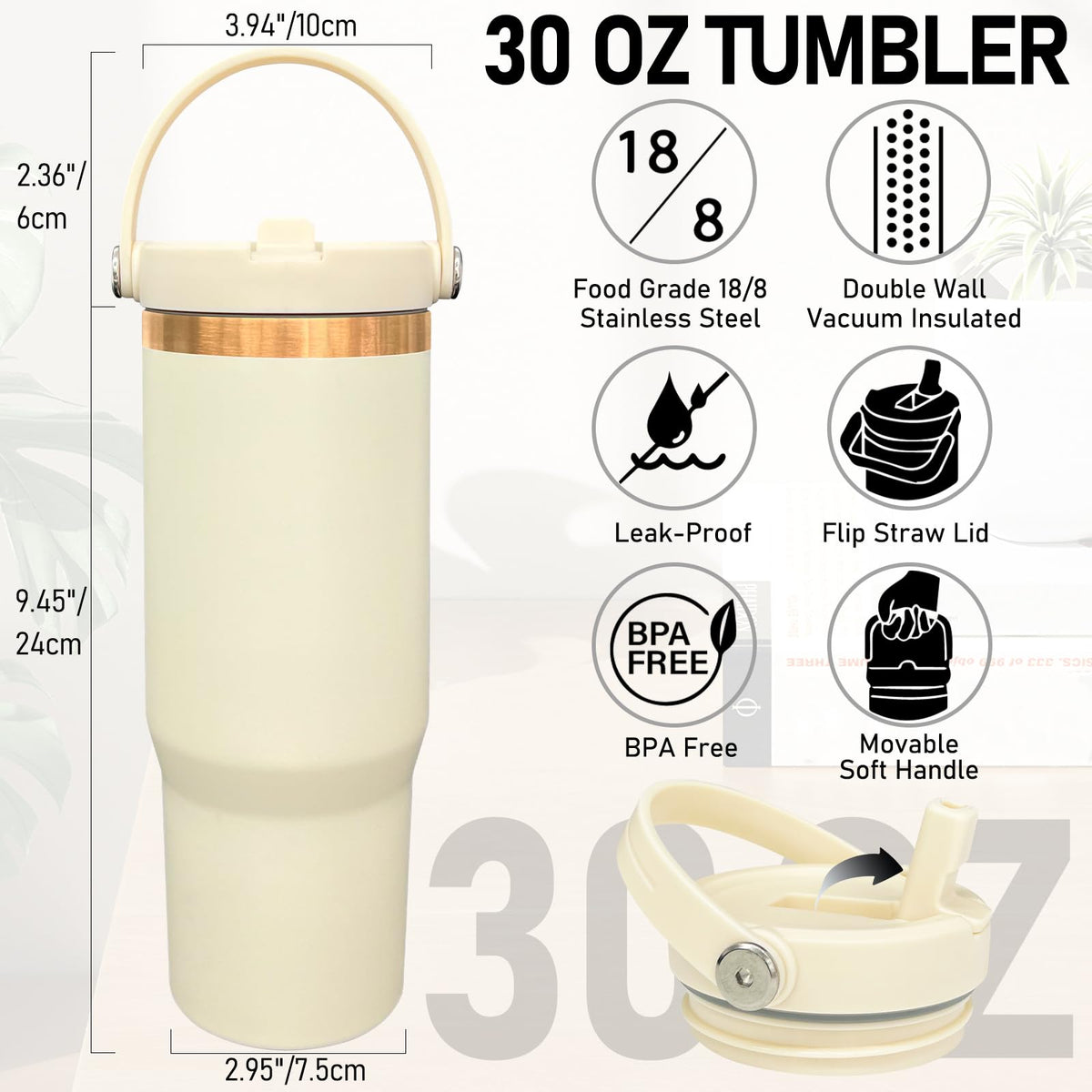 30 oz Tumbler Bulk with Top Handle and Flip Straw Cream (4 Count)