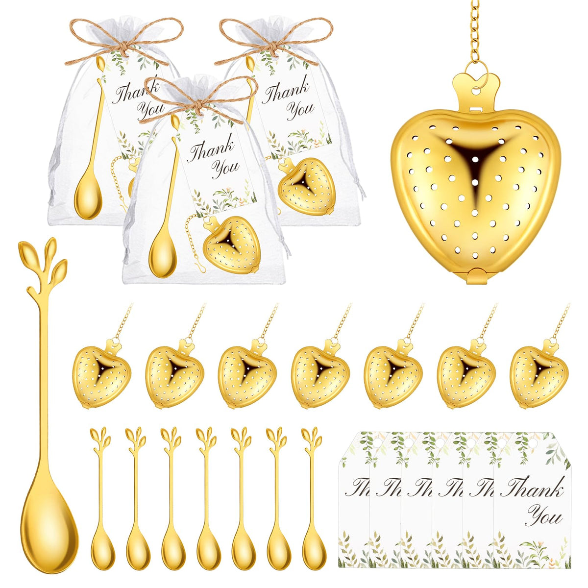 30 Sets Bridal Shower Tea Party Favor for Guests Leaf Tea Spoon Heart Tea Infuser for Loose Leaf Tea Steeper with Thank You Card Organza Bags for Wedding Gift Souvenirs Decoration
