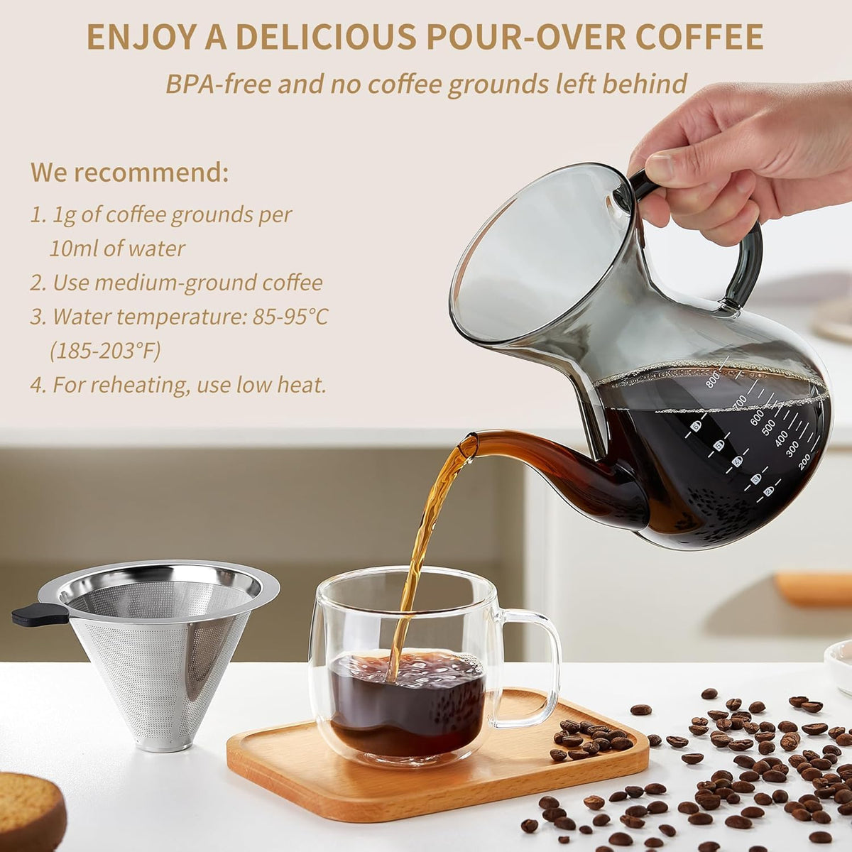 Pour Over Coffee Maker with Double Stainless Filter 27 fl oz