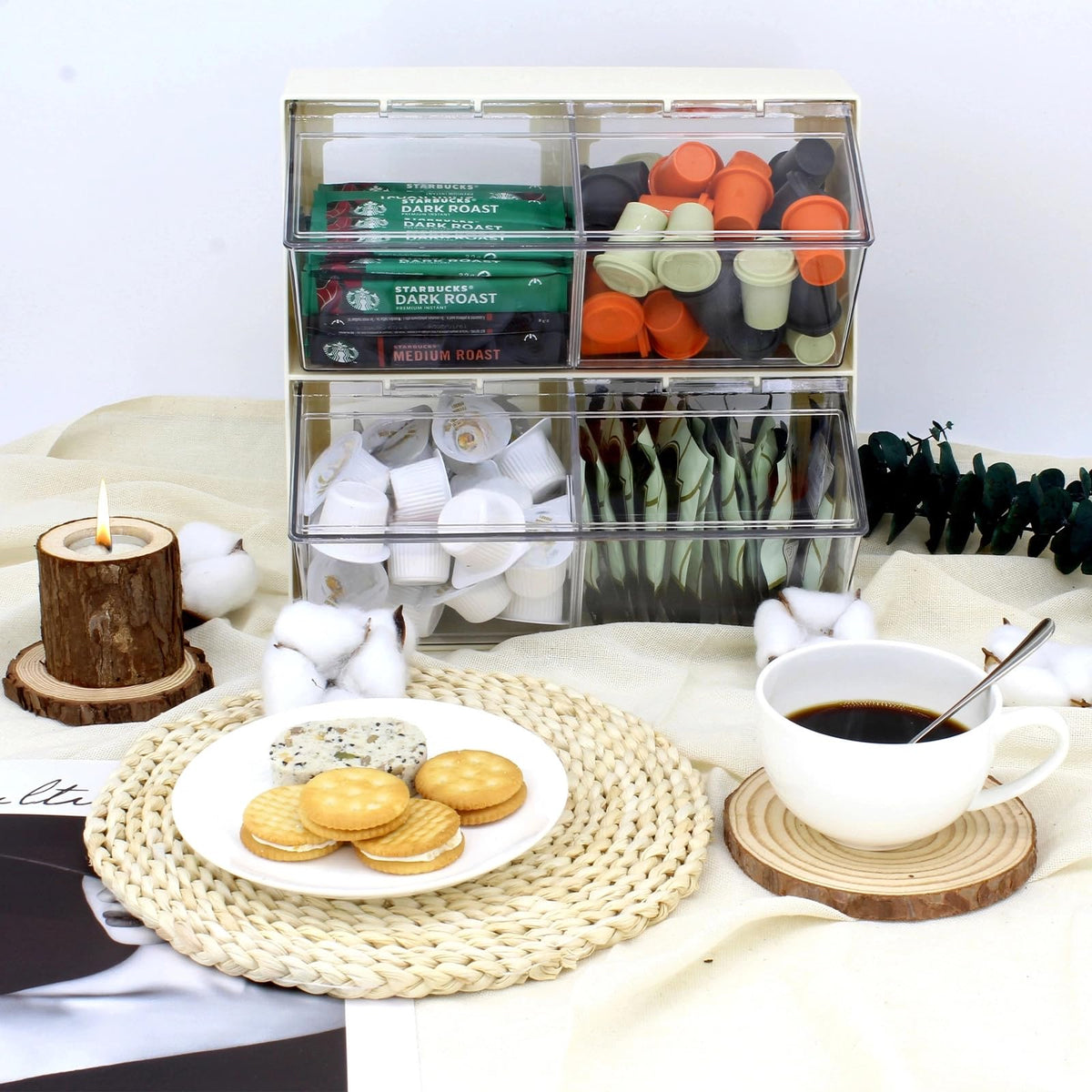 Creamer Holder Plastic Tea Bag Organizer with Lid Large Capacity K Cup Countertop Organizer Versatile Desk Storage Station for Capsule Suger Pods Face Mask Cream
