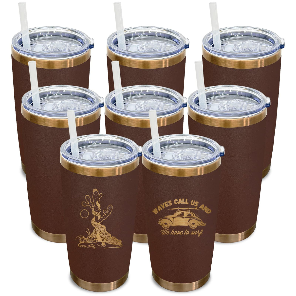 20 oz Tumbler Bulk Stainless Steel Tumblers with Lids and Straws Brown (8 Count)