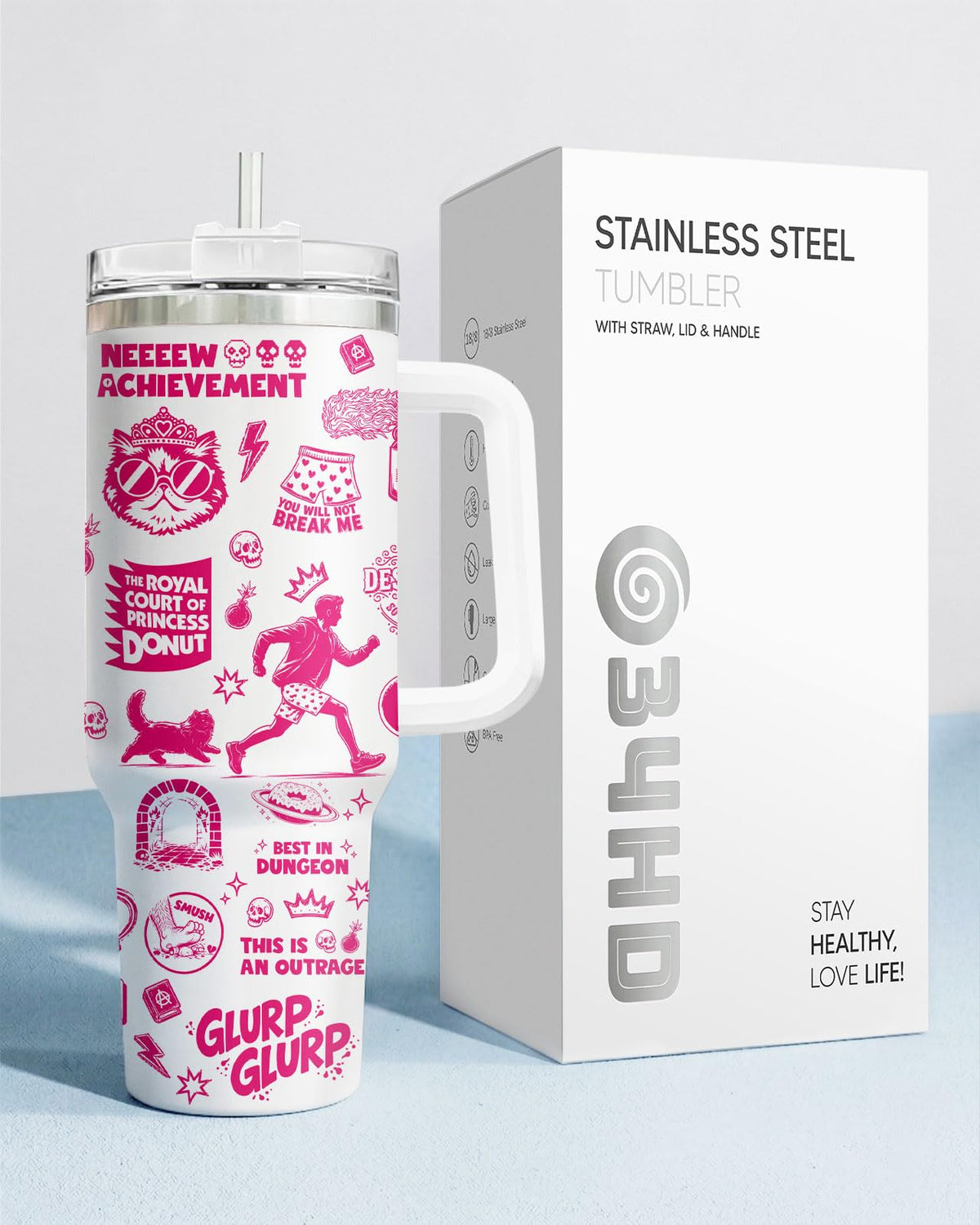 Funny Gamer 40oz Tumbler with Handle Straw Lid Dungeon Cat Dinosaur Meme Insulated Stainless Steel Travel Mug Gifts for Women Men Book Lover Gift