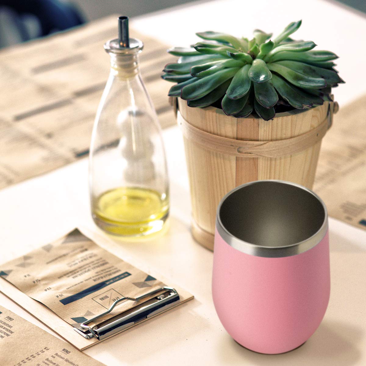 12oz Wine Tumbler with Lid Stemless Wine Glasses Double Wall Vacuum Travel Mugs stainless steel Coffee Cup for Cold & Hot Drinks Wine Coffee Cocktails Beer 6 Pack Pink (6 Count)