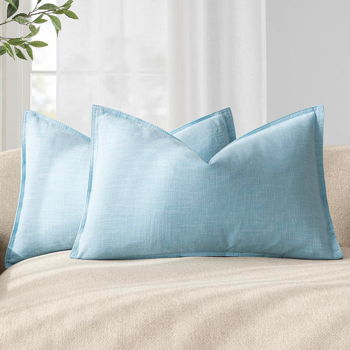 Pack of 2 Decorative Linen Solid Throw Pillow Covers Accent Lumbar Cushion Case Boho Farmhouse Pillowcase for Chair Couch Sofa Bedroom Living Room Home Decor 12 x 20 Inch Light Blue