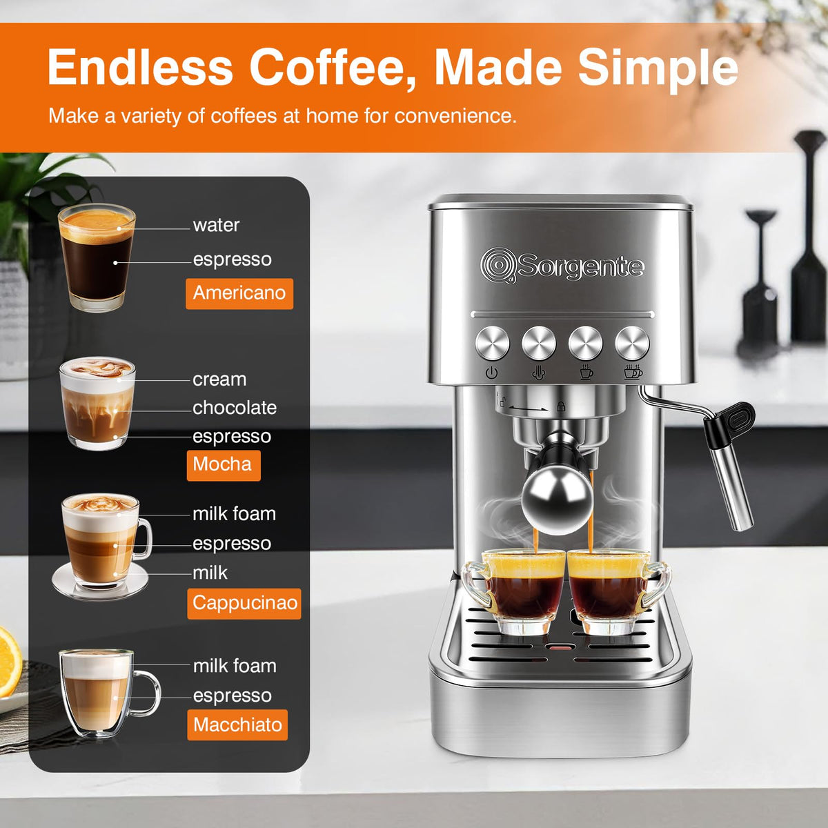 Stainless Steel Espresso Machine 20 Bar