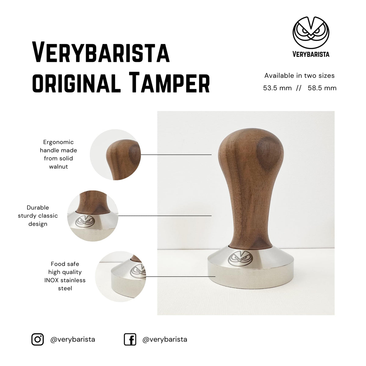 53.35mm Tamper designed to fit 54mm IMS Precision baskets. Wood handle and Food