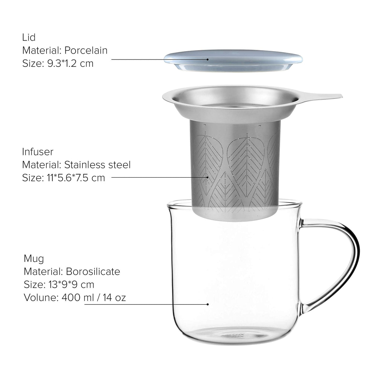 VIVA Minima Eva Glass Tea Cup with Mesh Infuser (14 Ounce)
