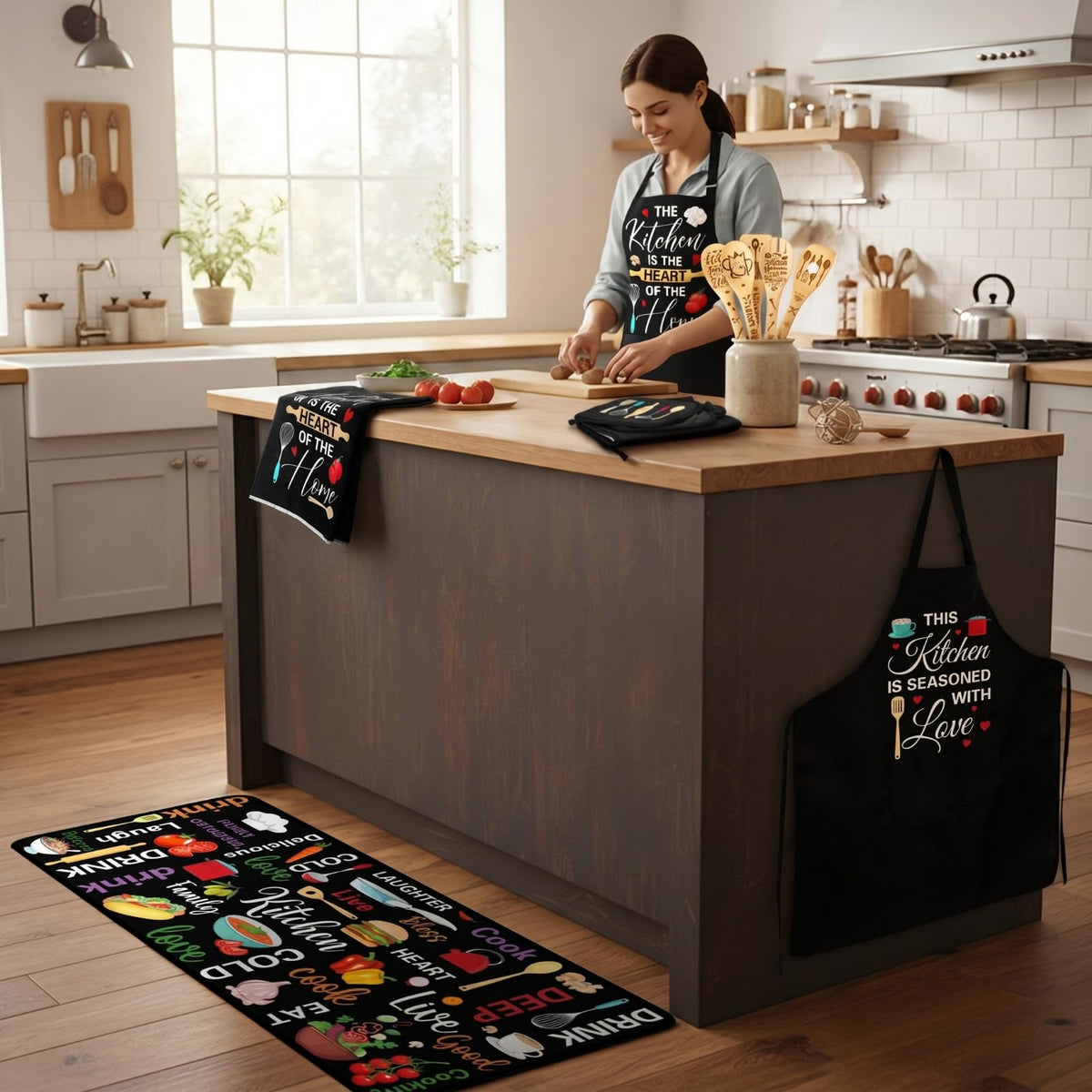 17 Pcs Farmhouse Kitchen Decor and Accessories Black Kitchen Sets Rug and Mat Oven Mitts and Pot Holders Apron Dish Towels Cute Wooden Spoons for Holiday Decoration Home Housewarming Gifts