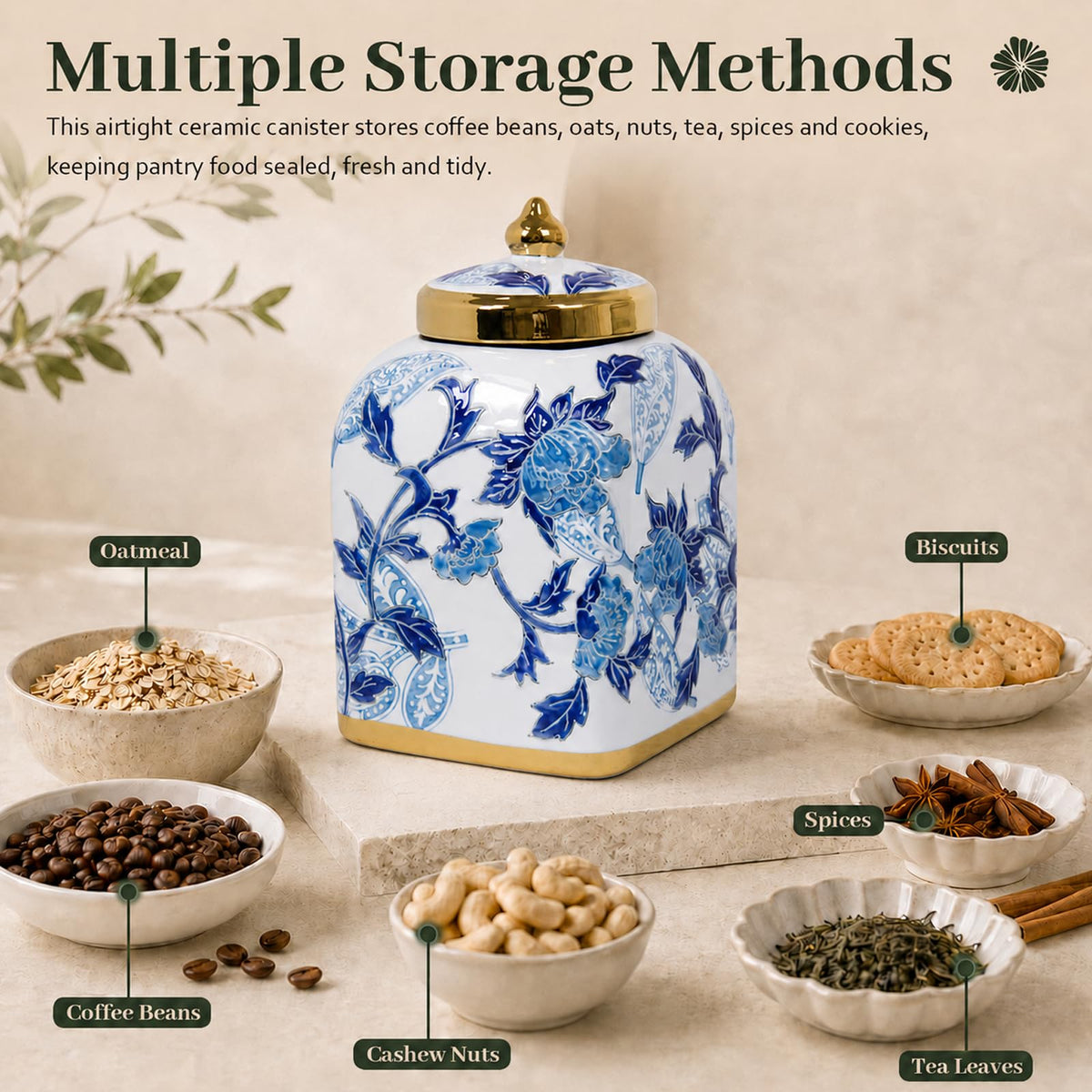 Blue and White Ceramic Tea Canister with Airtight Lid