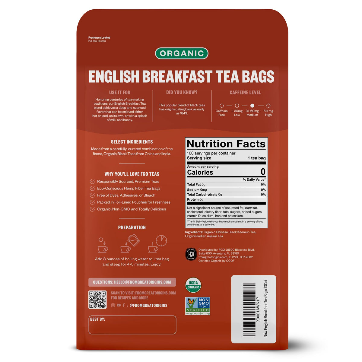 Organic English Breakfast Black Tea (100 Count)