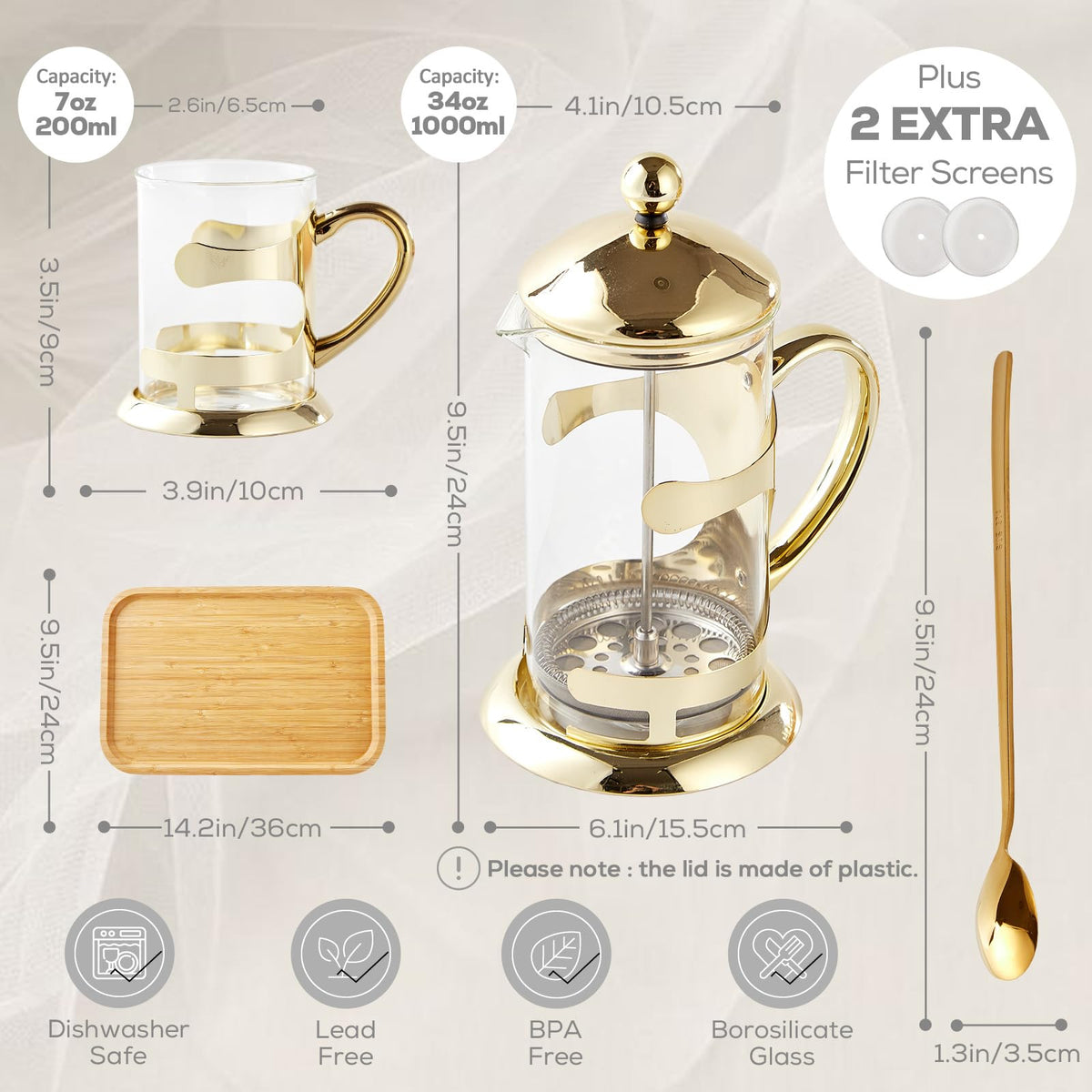 Gold French Press Set with 6 Cups & 1 Tray