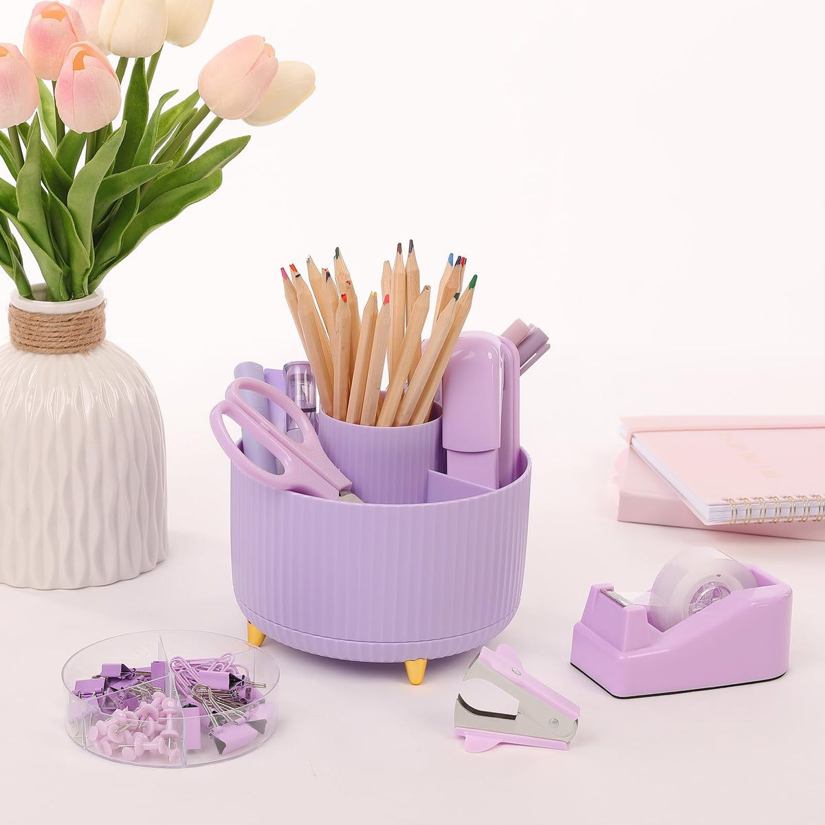 Purple Office Supplies Set with Pencil Holder for Desk