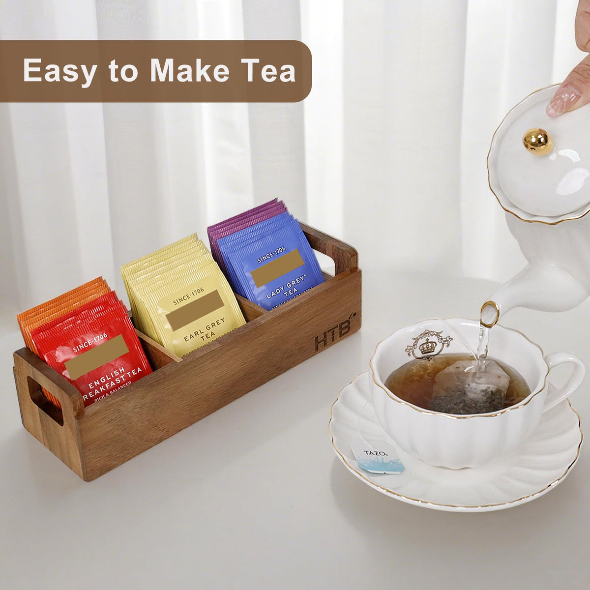 Acacia Wood Small Tea Bag Box with 3 Compartments for Counter Drawer