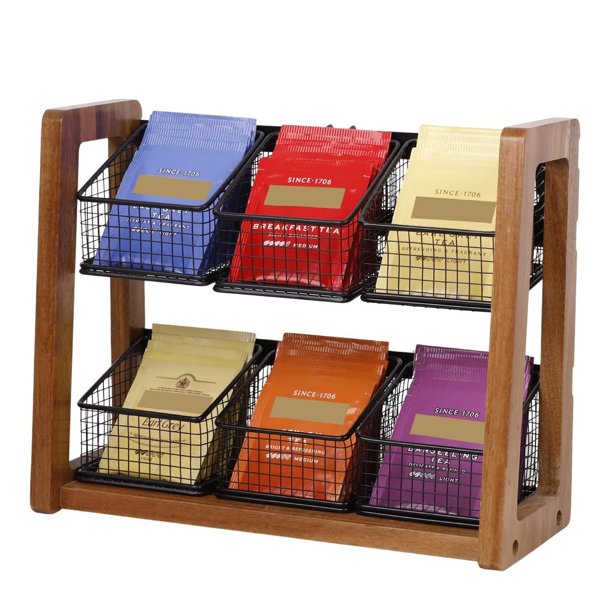 2 Tier Tea Organizer for Tea Bags with 6 Removable Metal Baskets