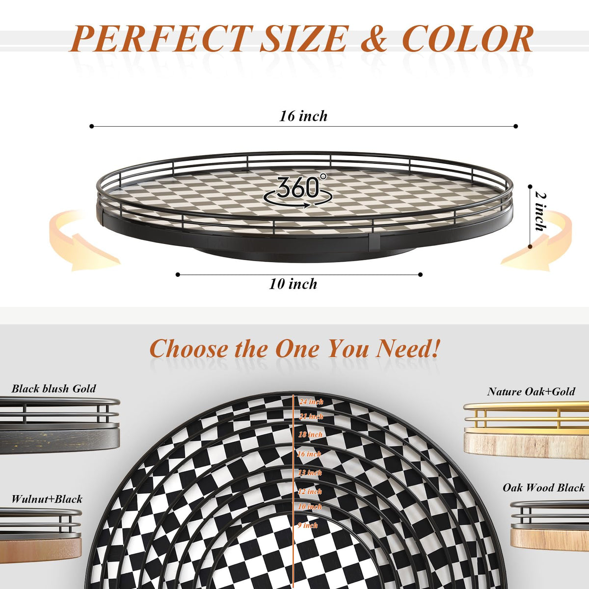 16 Inch Black and White Checkerboard Lazy Susan Decorative Tray