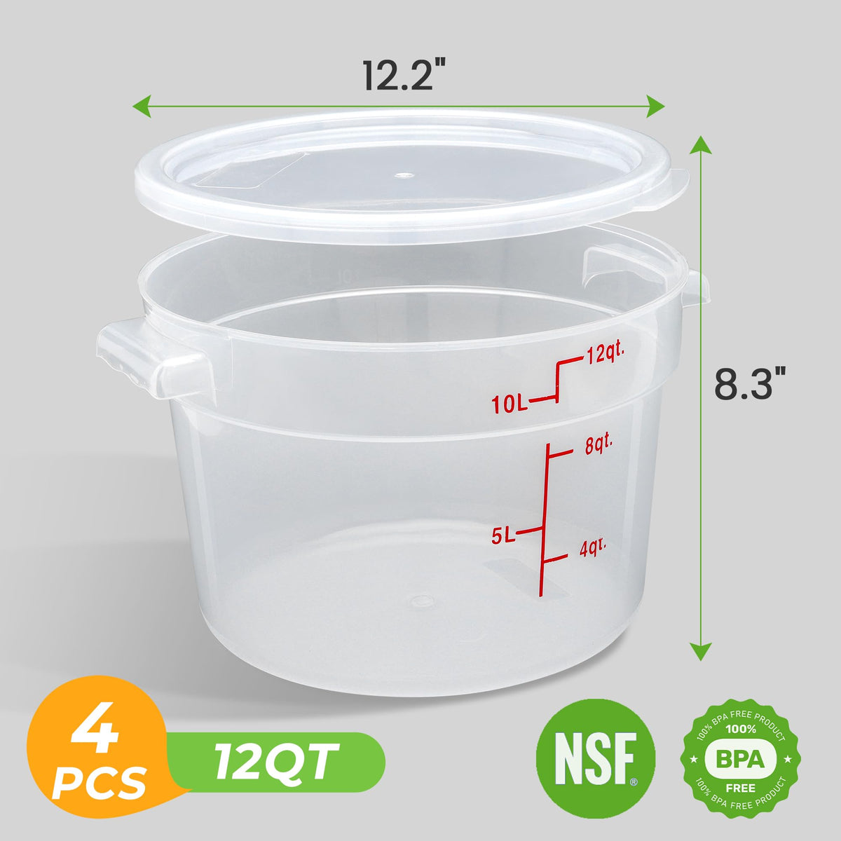 4 Pack 12 Qt Round Food Storage Containers with Lids (4 Count)
