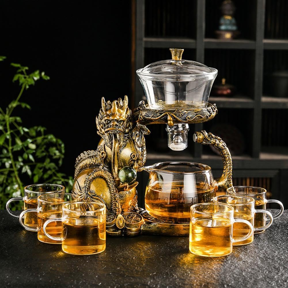 Glass Teapot Set with Infuser Semi Automatic Dragon Tea Set with 6 Small Cups