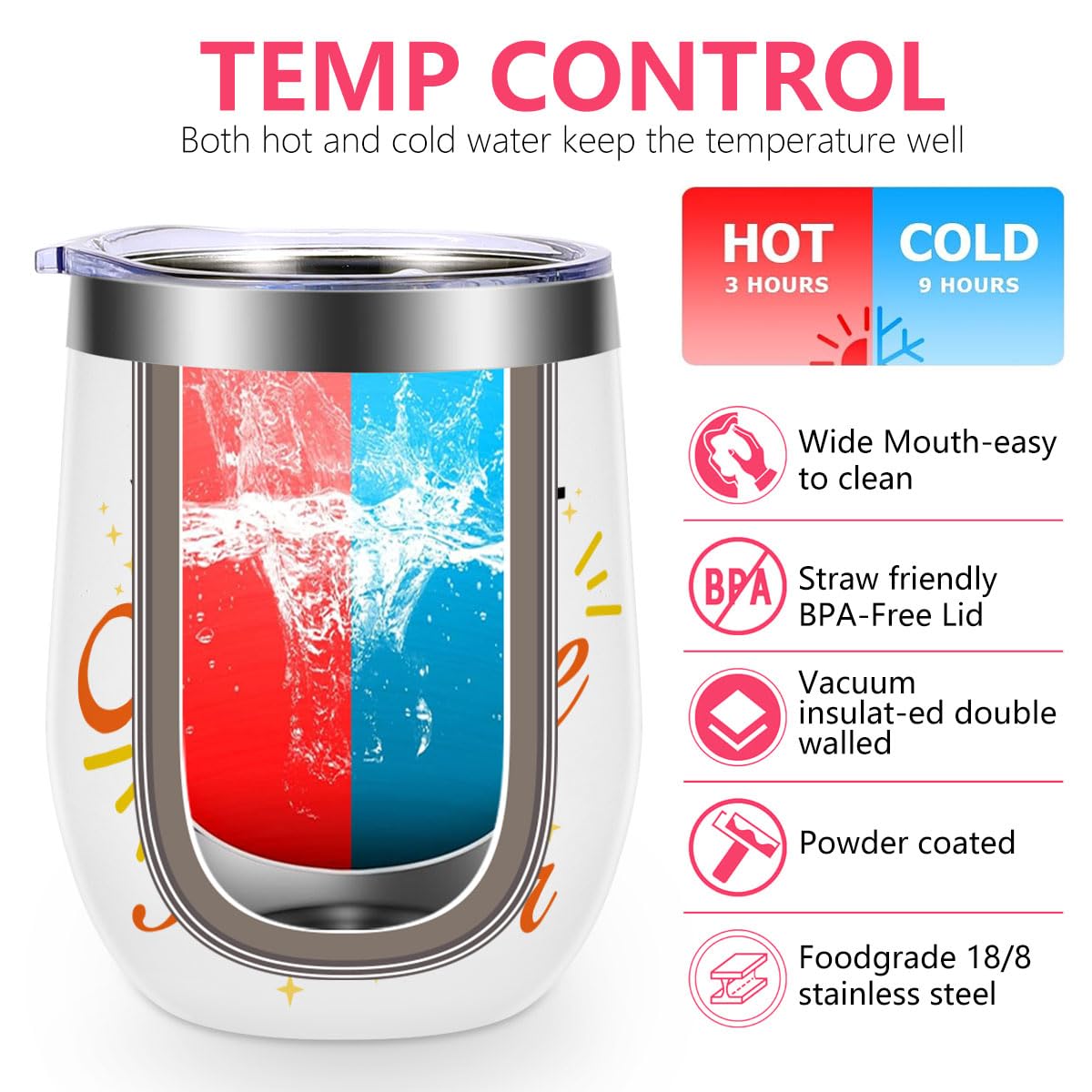 12 oz Insulated Wine Tumbler with Lid Inspirational Gifts for Women
