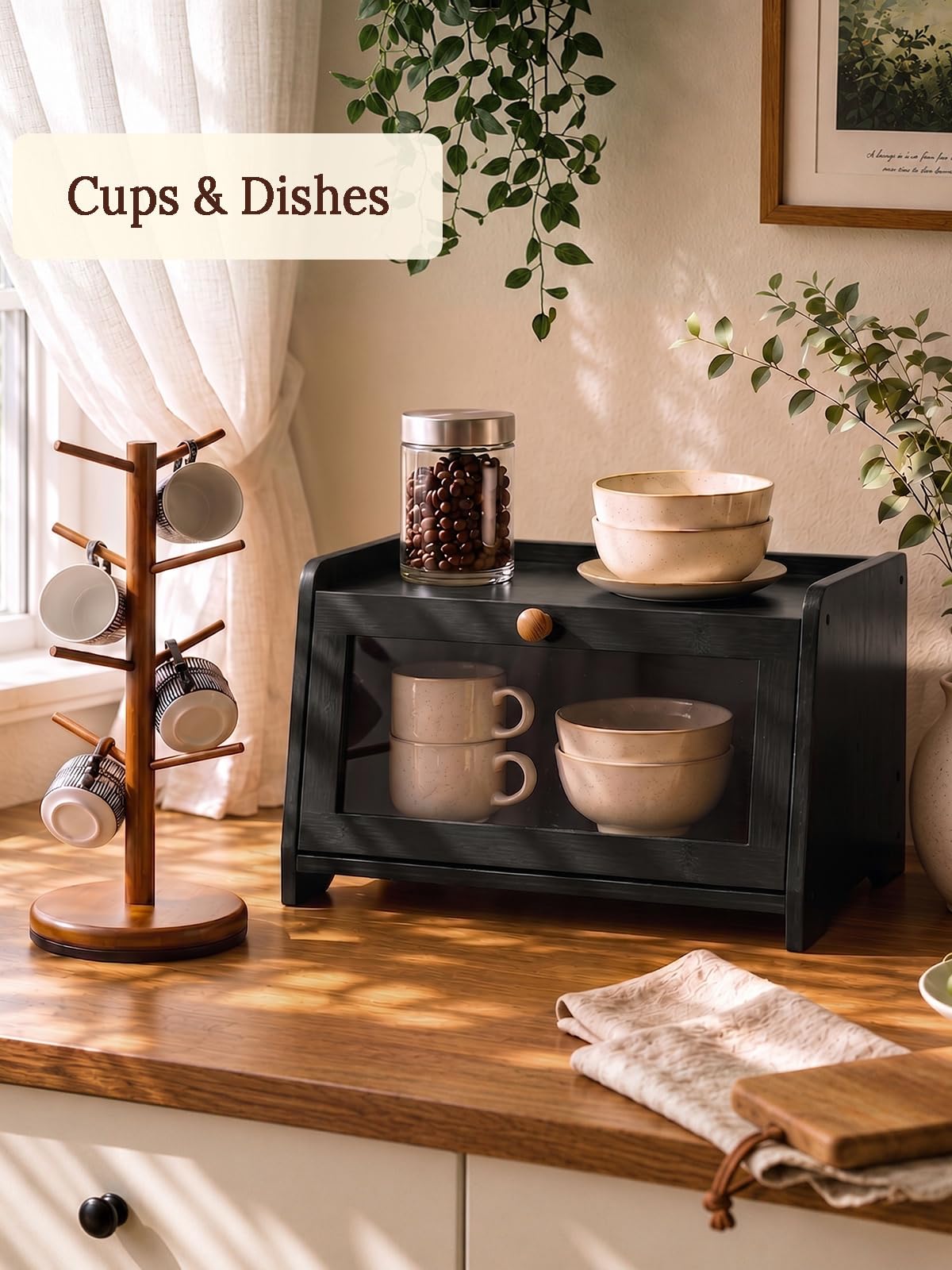 Black Bread Box for Kitchen Countertop
