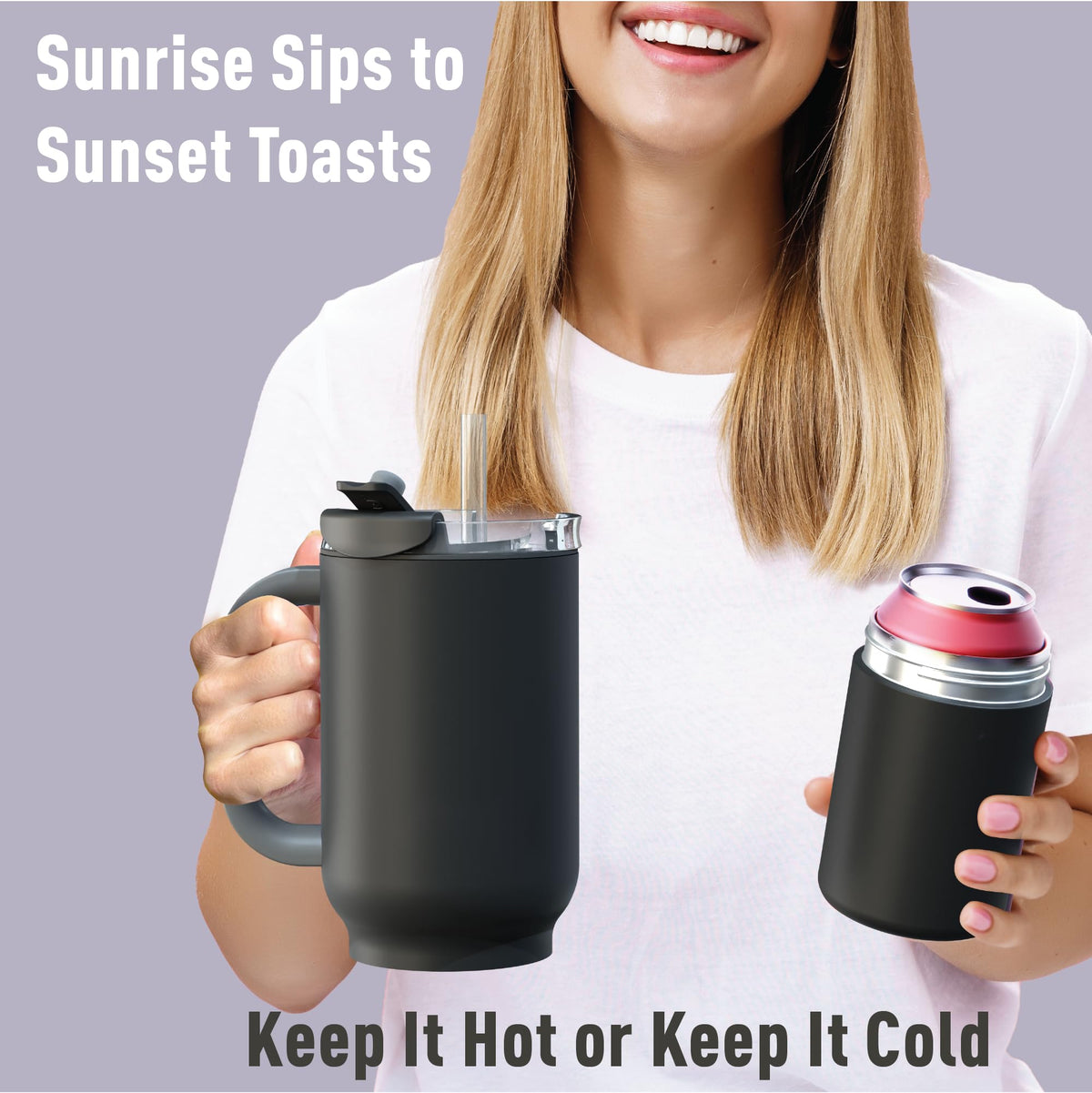 DUPLEX 2-in-1 Travel Mug and Beer Can Holder Enjoy hot and cold drinks simultaneously -22 oz Hot Coffee or Tea Tumbler with Attached 12 oz Cold Can Holder for Beer or Soda, Black