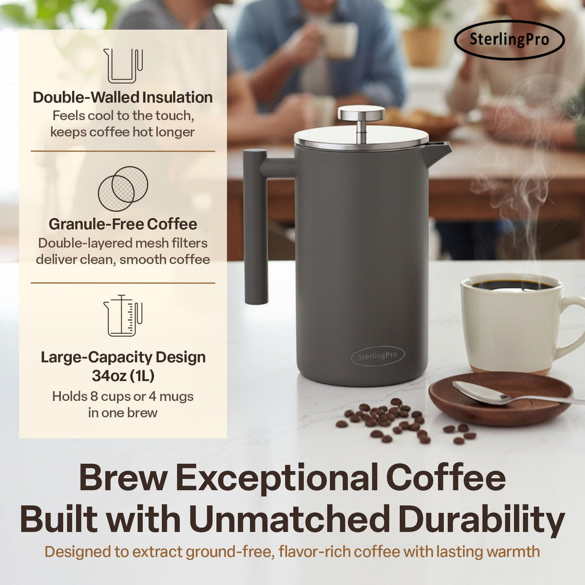 Non Toxic Insulated Stainless Steel French Press Coffee Maker 34oz