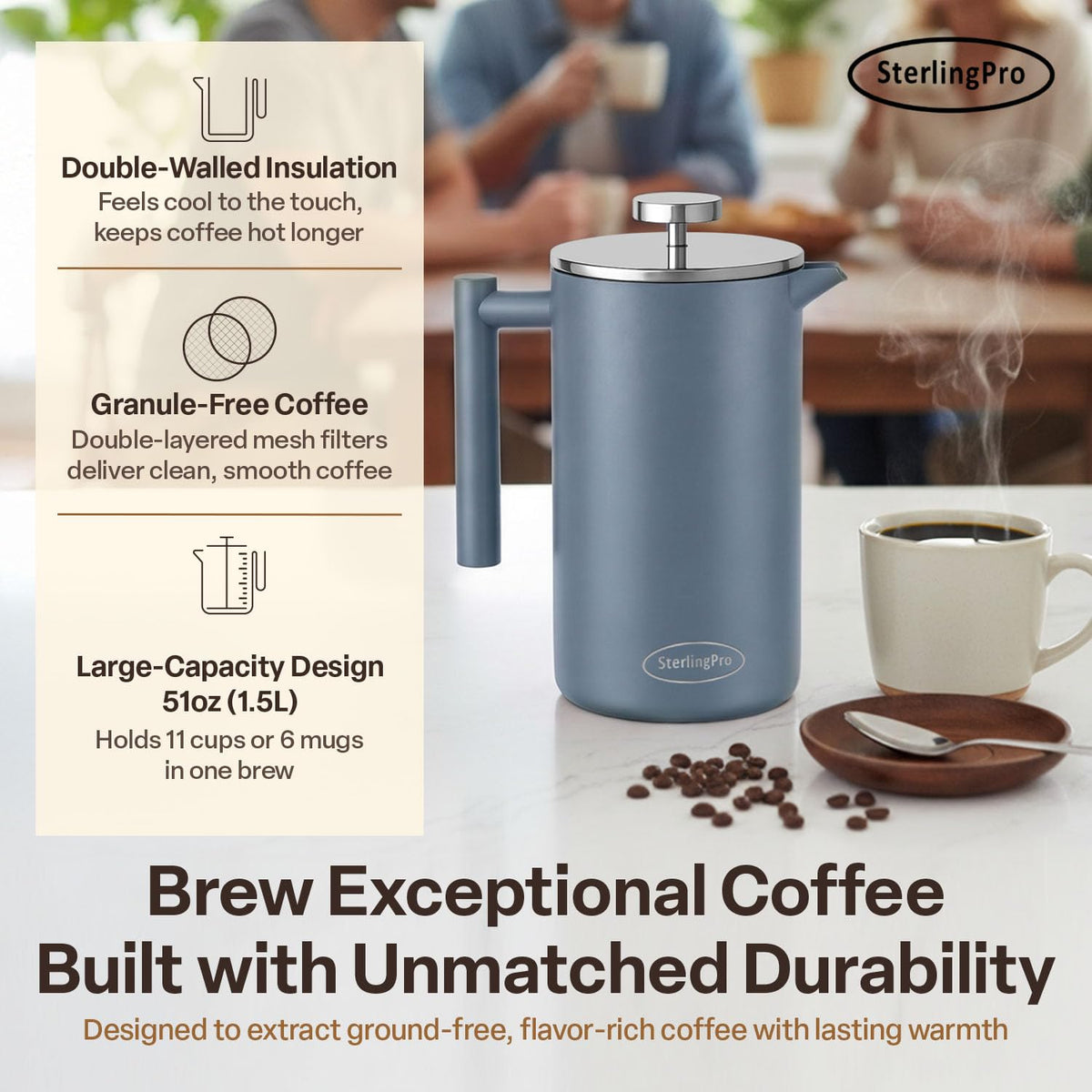 Non Toxic Large Insulated Stainless Steel French Press Coffee Maker 51oz Capacity