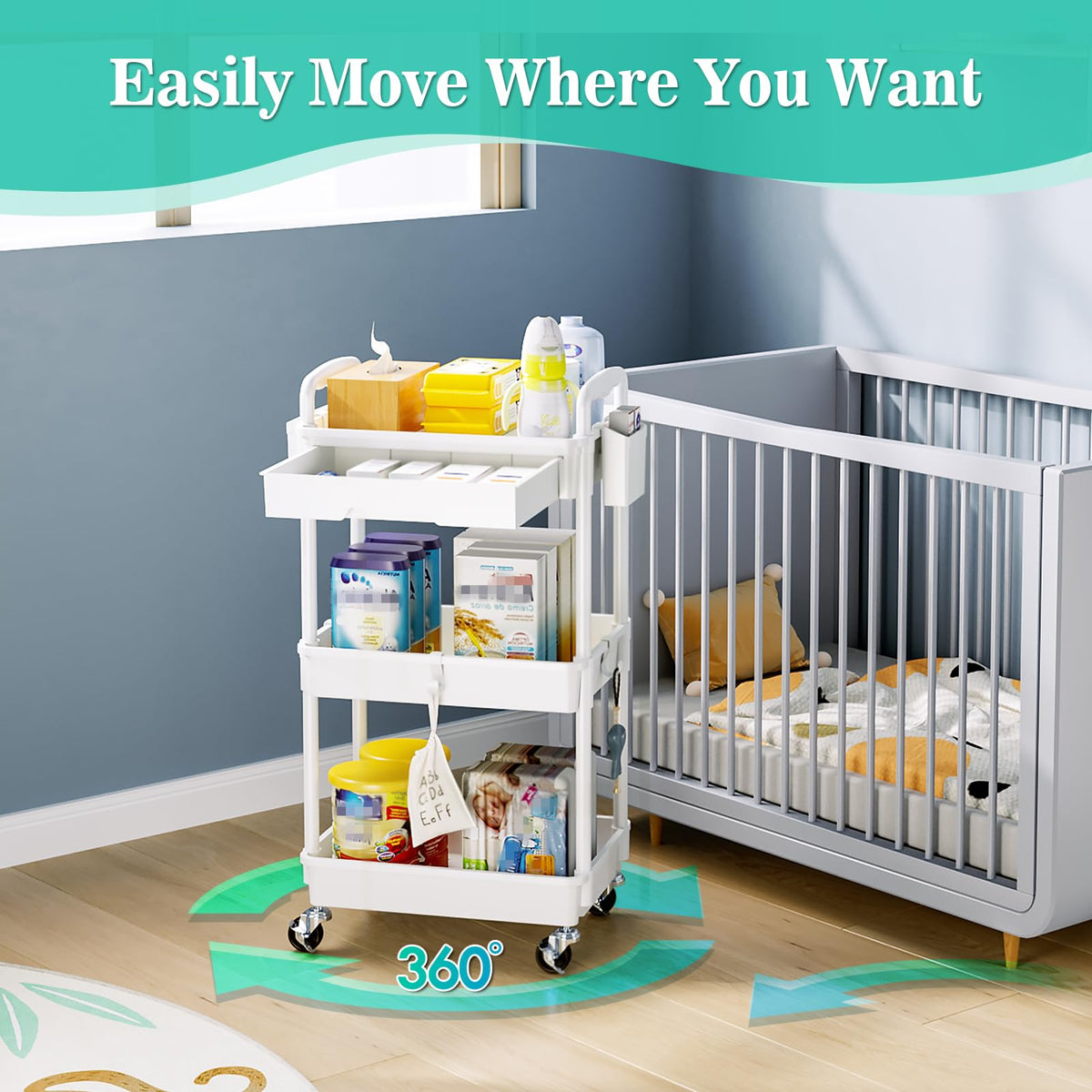 3 Tier Rolling Cart with Drawer
