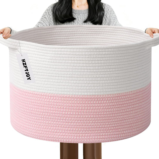 65L Large Pink Woven Cotton Rope Basket with Handles