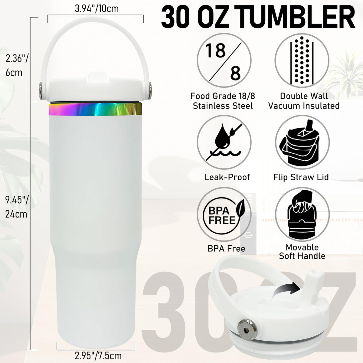 30 oz Tumbler Bulk with Top Handle and Flip Straw White